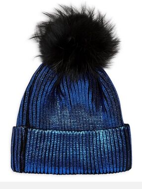 Adrienne Landau Metallic Beanie Black Fox Fur Pompom